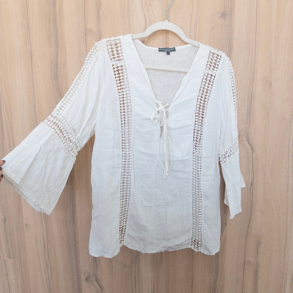 Piazza Del Tempio Womens Linen Blouse L White Crochet Lace Italy Coastal Boho